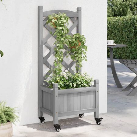 Plantekasse med espalier og hjul - massivt fyrretræ, grå