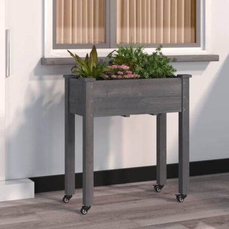 Plantekasse med foring og hjul 71×37×80 cm - massivt fyrretræ, grå