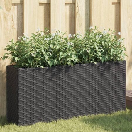 Plantekasse med hjul og 2 krukker 90x20x40 cm polyrattan sort