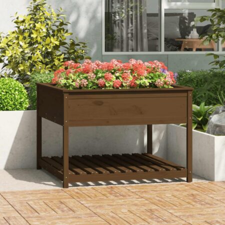 Plantekasse med hylde 111,5x111,5x81 cm massivt fyrretræ brun