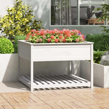 Plantekasse med hylde 111,5x111,5x81 cm massivt fyrretræ hvid
