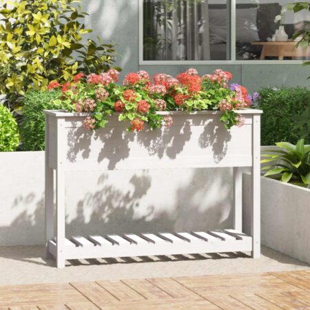 Plantekasse med hylde 111,5x34,5x81 cm massivt fyrretræ hvid