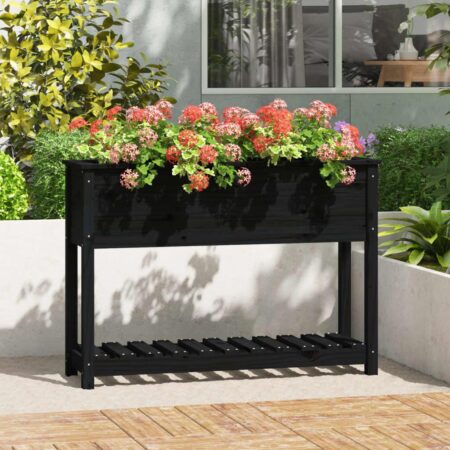 Plantekasse med hylde 111,5x34,5x81 cm massivt fyrretræ sort