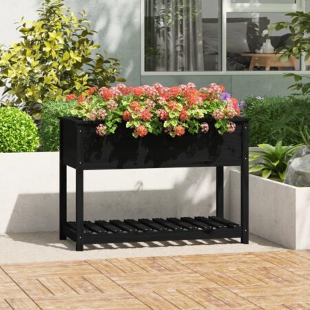 Plantekasse med hylde 111,5x54x81 cm massivt fyrretræ sort