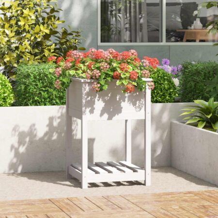 Plantekasse med hylde 54x54x81 cm massivt fyrretræ hvid