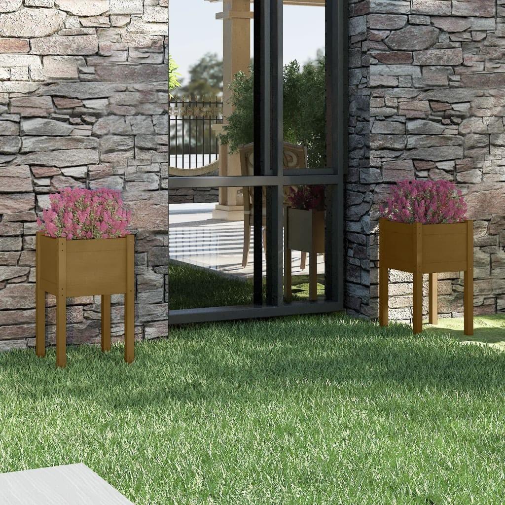Plantekasser på ben 2 stk. - 40×40×70 cm - massivt fyrretræ, gyldenbrun Plantekasser på ben 2 stk. - 40×40×70 cm - massivt fyrretræ, gyldenbrun