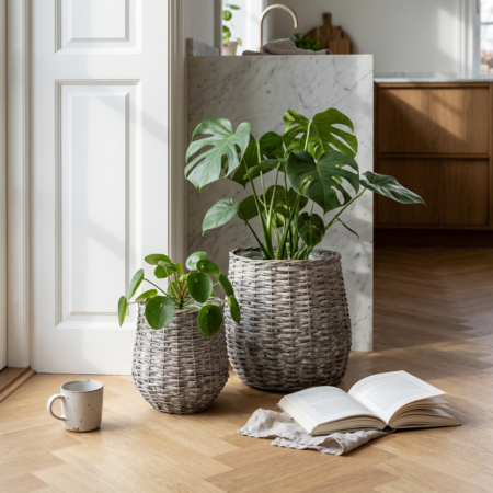 Plantekurve i grå flet dråbeformet – Sæt med 2 (Ø26 & Ø20 cm)