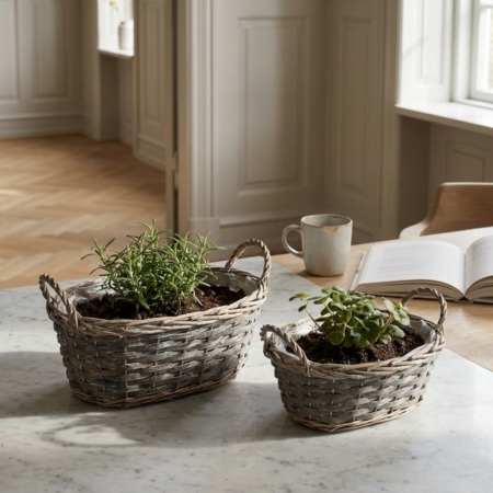 Plantekurve i grå pil med ører – Sæt med 2 ovale kurve