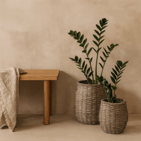 Plantekurve i grå rattan flet – Sæt af 2