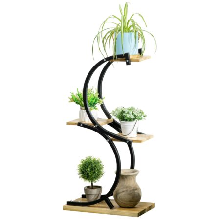 Plantestativ med 4 hylder, massivt træ, vejrbestandigt, 46 cm x 25 cm x 91 cm, sort + naturlig