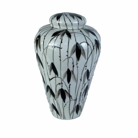 Porcelænsvasen - sort/hvid orientalsk blad, 23×23×33 cm