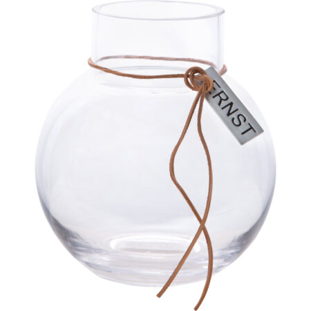 Rund glasvase med læderbånd, 14 cm.