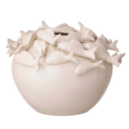 Rund vase med fisk, hvid - Ø40 cm