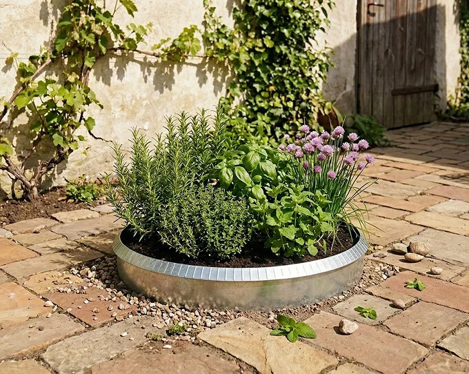 Rundt højbed i galvaniseret stål, højde 26cm (med sneglekant) Rundt højbed i galvaniseret stål, højde 26cm (med sneglekant)