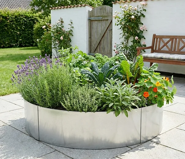 Rundt højbed i galvaniseret stål, højde 26cm (uden sneglekant) Rundt højbed i galvaniseret stål, højde 26cm (uden sneglekant)