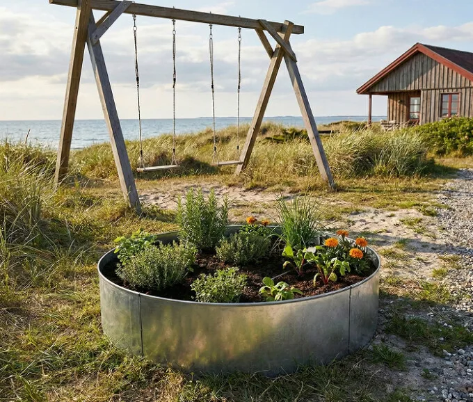 Rundt højbed i galvaniseret stål, højde 54cm (uden sneglekant) Rundt højbed i galvaniseret stål, højde 54cm (uden sneglekant)
