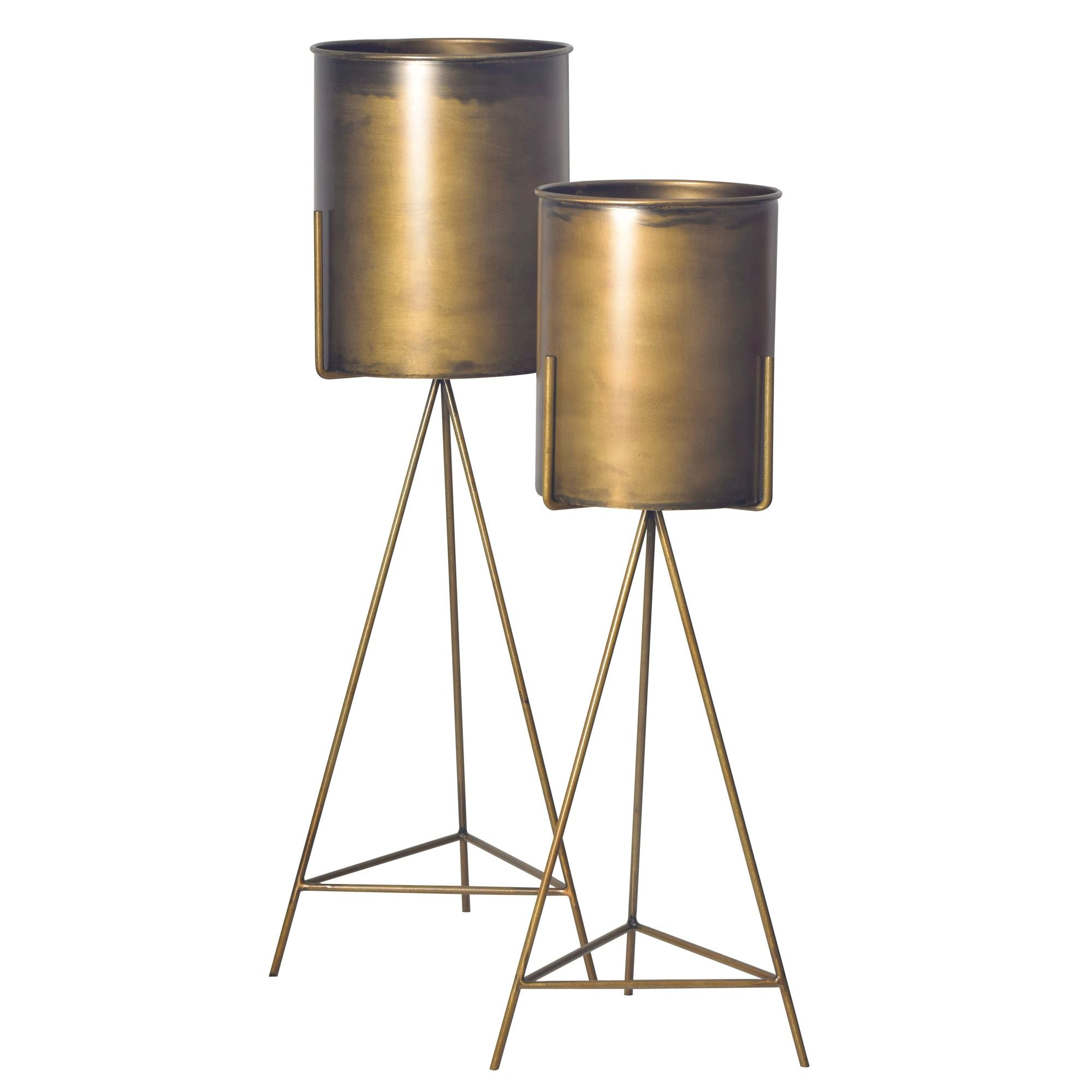 Sæt med 2 metalblomsterpotter, guldfarvede plantekasser med stativ, designerjernplantekasser, runde, høje indendørs blomsterpotter Sæt med 2 metalblomsterpotter, guldfarvede plantekasser med stativ, designerjernplantekasser, runde, høje indendørs blomsterpotter