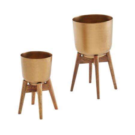 Sæt med 2 metal/massivt træ blomsterpotter, guldfarvede plantekasser med fødder, runde designer plantekasser, blomsterpotter, plantekasser