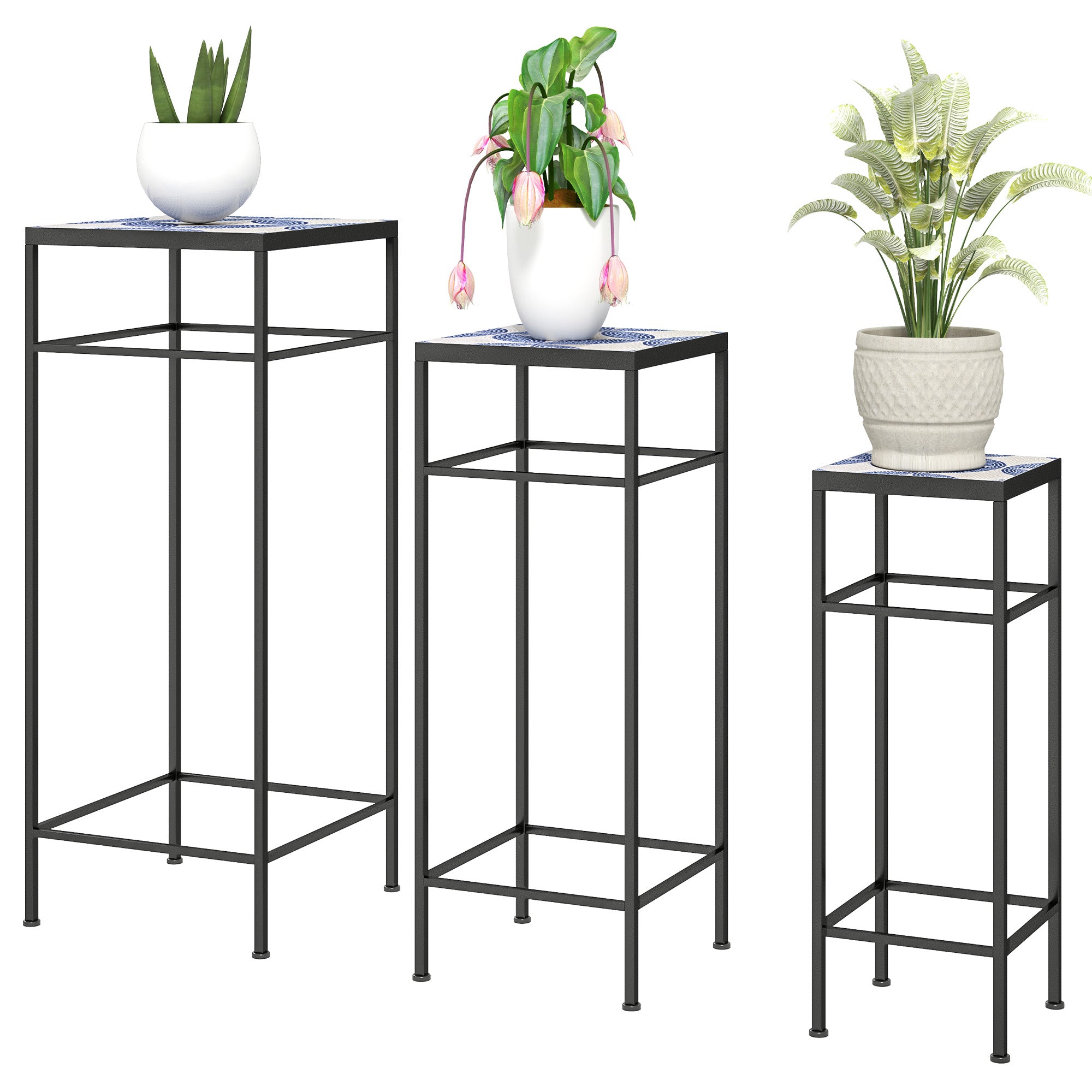 Sæt med 3 plantestativer, 3 forskellige størrelser stativer til fremvisning af blomster og andre genstande, blå+hvid Sæt med 3 plantestativer, 3 forskellige størrelser stativer til fremvisning af blomster og andre genstande, blå+hvid