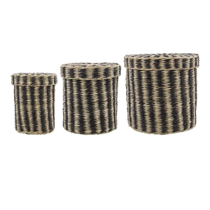 Sæt med 3 runde kurve brun stribet søgræs S: H16cm Ø12 cm, M: H18 cm Ø16cm L: H20 cm Ø20cm Sæt med 3 runde kurve brun stribet søgræs S: H16cm Ø12 cm, M: H18 cm Ø16cm L: H20 cm Ø20cm