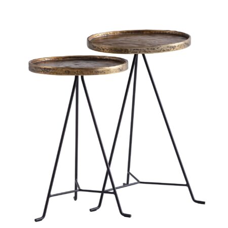 Sidebordsæt med 2, metal, guld/sort, rundt design, stuebord, sidebord, moderne, sofabord, dekorativt bord, 2-delt, plantestativ til stuen