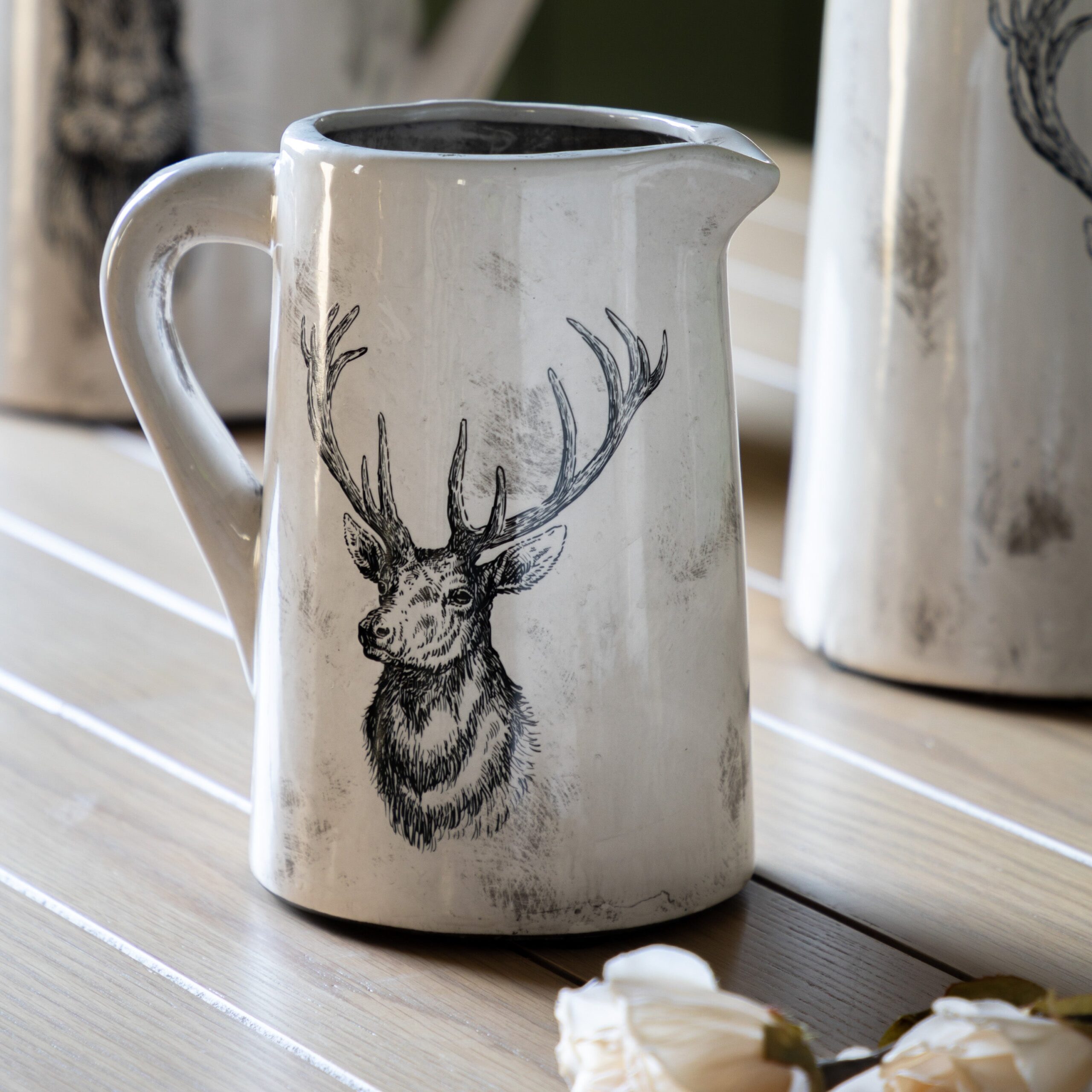 Stag Distressed Pitcher Vase White Stag Distressed Pitcher Vase White