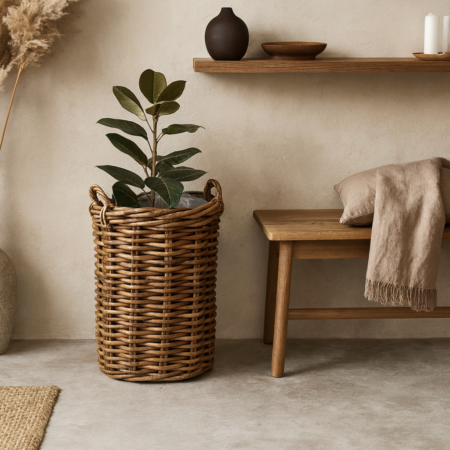 Stor høj plantekurv i natur rattan - Ø50xH70 cm