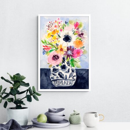 Summer Mix In Blue Vase Framed Print MultiColoured