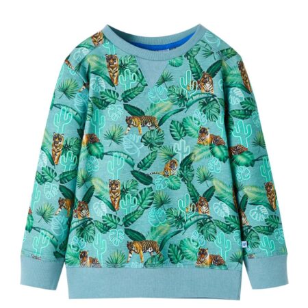 Sweatshirt til børn str. 116 - lys grønmeleret med planter og tigre
