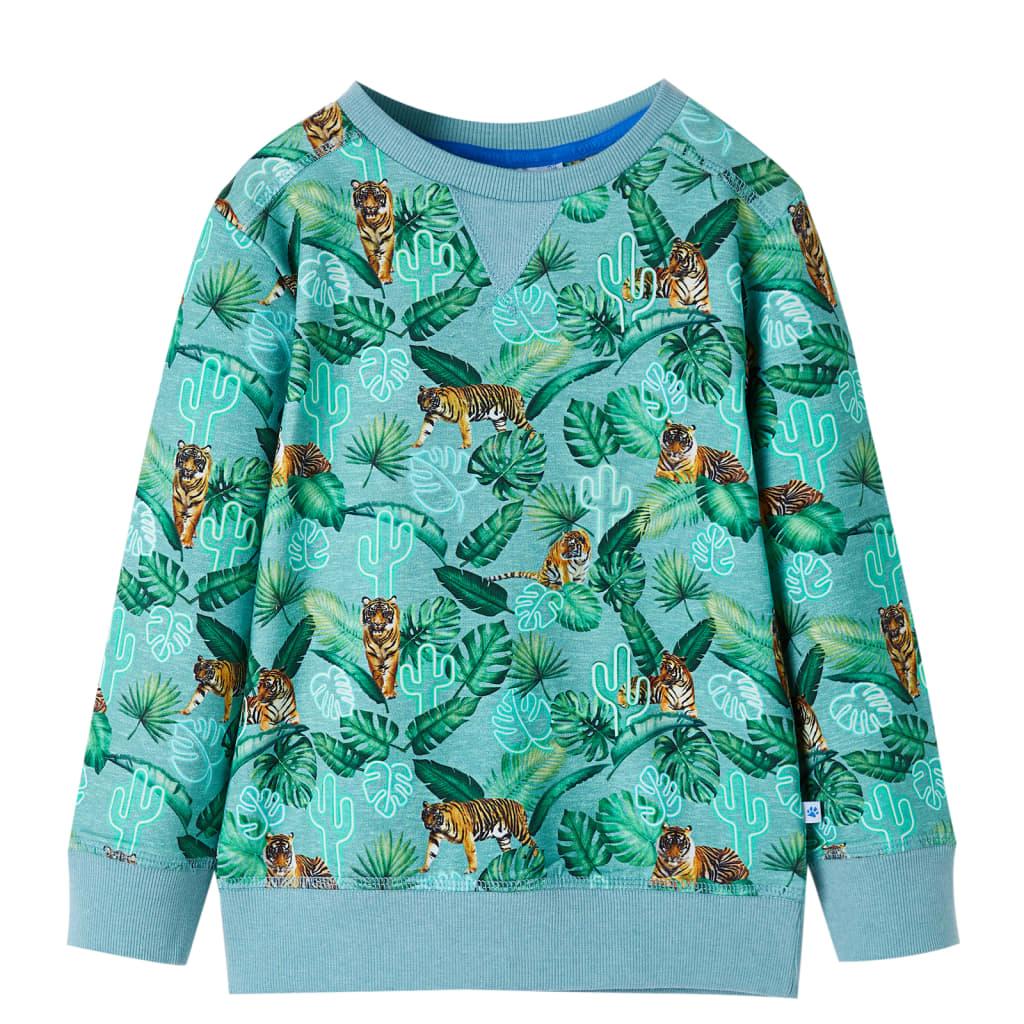 Sweatshirt til børn str. 116 - lys grønmeleret med planter og tigre Sweatshirt til børn str. 116 - lys grønmeleret med planter og tigre
