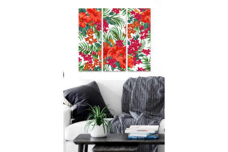 Trælærredstryk 3-delt 50x70 cm - Farverig blomsterkomposition med hibiskus og tropiske planter - Rød / Grøn / Lyserød