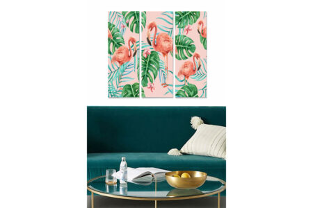 Trælærredstryk 3-delt 50x70 cm - Flamingoer omgivet af tropiske planter - Lyserød / Grøn / Lyseblå