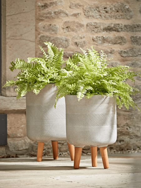 Two Geometric Etched Standing Planters - Light Grey