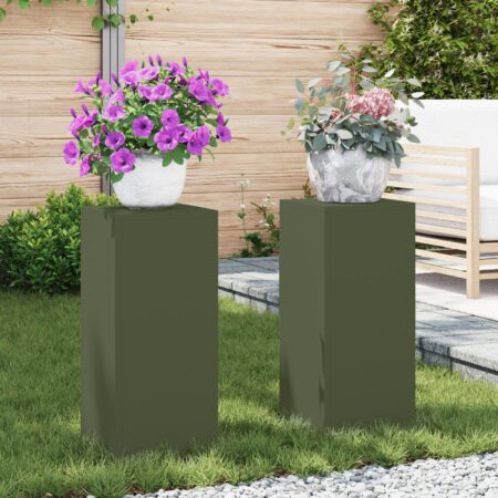 Udendørs Plantestands Søjle 2 stk Olivengrøn 24x24x55 cm Stål