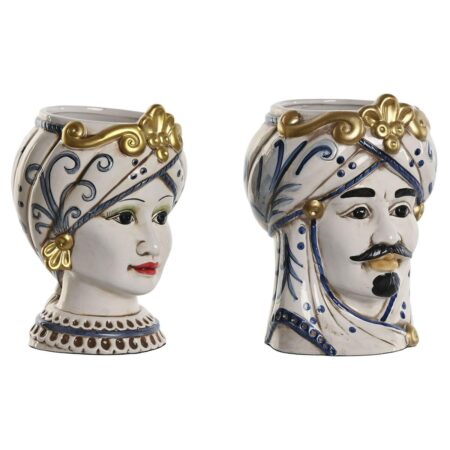 Urtepotte Home ESPRIT Blå Hvid Gylden Porcelæn 15 x 15 x 26 cm (2 enheder)