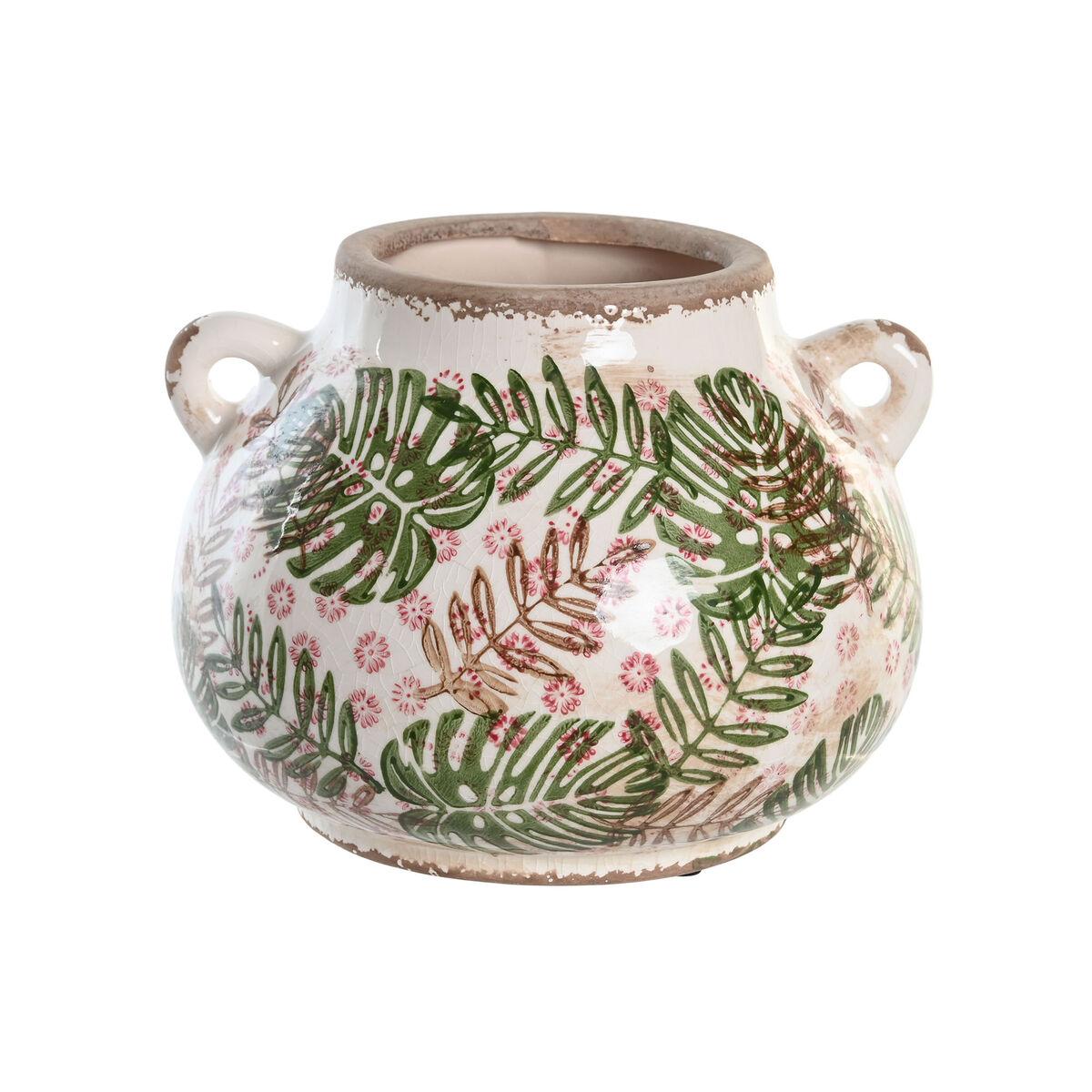 Vase 21 x 20 x 16 cm Brun Hvid Grøn Stentøj Tropisk Blad af en plante Vase 21 x 20 x 16 cm Brun Hvid Grøn Stentøj Tropisk Blad af en plante