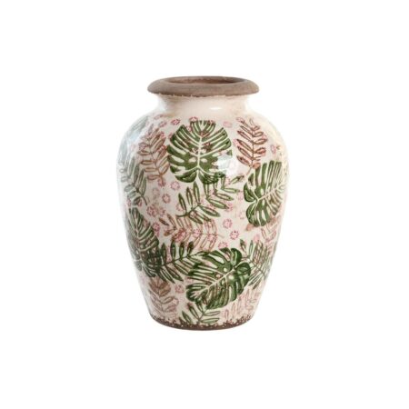 Vase Brun Hvid Grøn Stentøj Tropisk 18 x 18 x 25 cm Blad af en plante