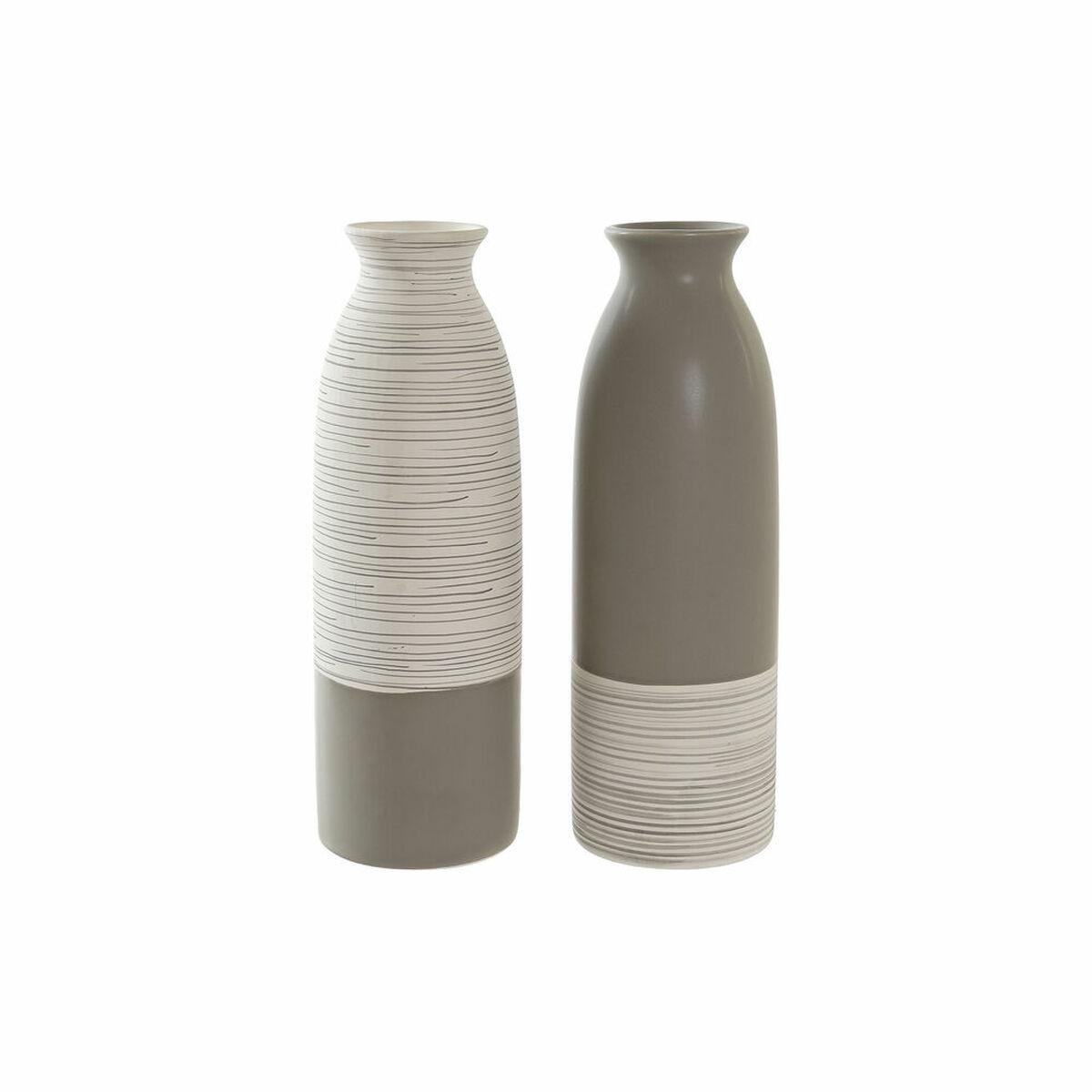 Vase DKD Home Decor Striber Hvid Keramik Brun Flødefarvet (9,5 x 9,5 x 28,5 cm) (2 enheder) Vase DKD Home Decor Striber Hvid Keramik Brun Flødefarvet (9,5 x 9,5 x 28,5 cm) (2 enheder)