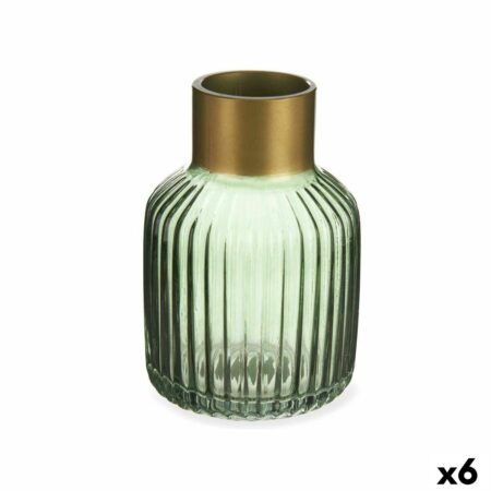 Vase Striber Grøn Gylden Glas 12 x 18 x 12 cm (6 enheder)