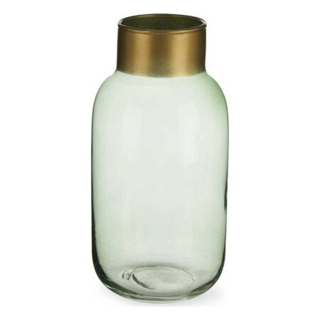 Vase - glat grøn glas med gylden kant (11,5 × 24 cm)