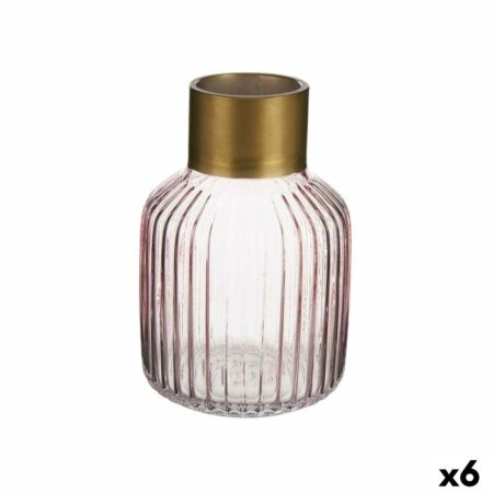 Vase i glas - Striber, pink/gylden, 12 × 18 × 12 cm (6 stk)