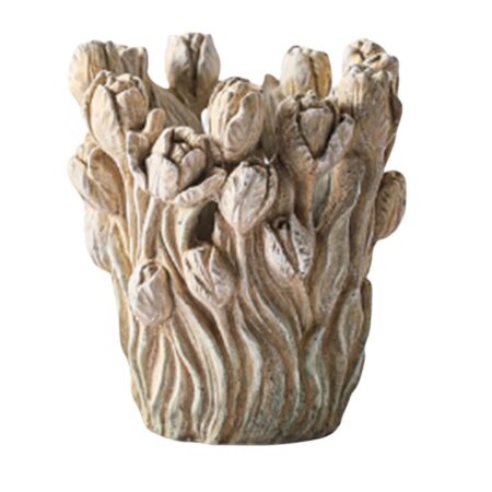 Vase i grå cement - tulipandesign, 21 x 21 x 23 cm