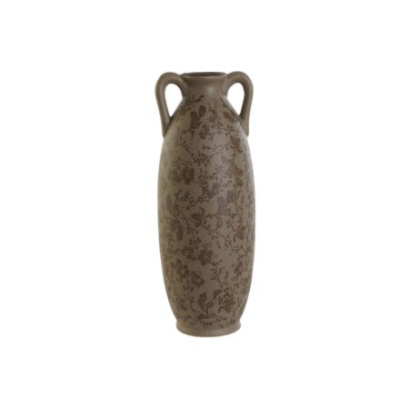 Vase i stentøj, brun/grøn, bladmotiv, 13 × 13 × 35 cm