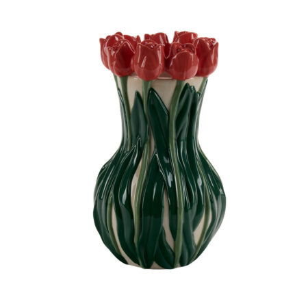 Vase med tulipaner, grøn/rød/hvid - H24 cm