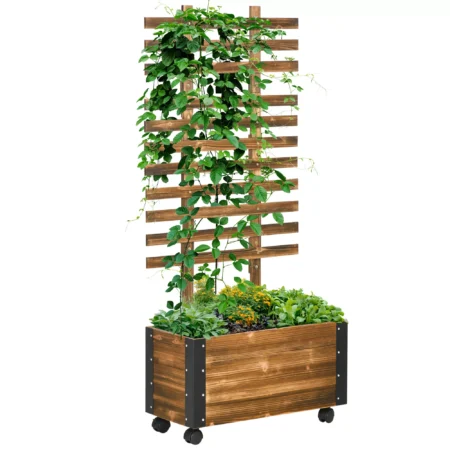 højbed med espalier, plantekasse med hjul, plantekasse med klatrestøtte, til klatreplanter, lavet af træ, forkullet, 65 x 31 x 147 cm