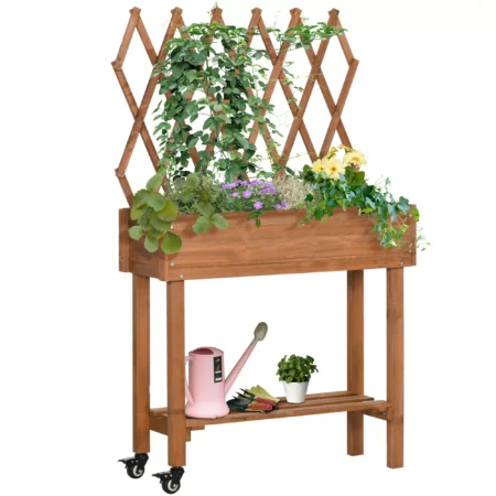 højbed med espalier, plantekasse på hjul & hylde, massivt træ, til terrasse, brun, 79x29x130cm