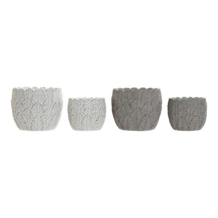 plantekrukker DKD Home Decor Grå Cement Hvid Blad af en plante (2 enheder) (18 x 18 x 15 cm)