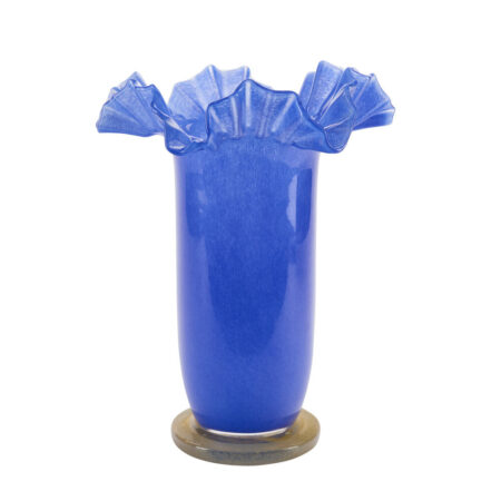 slank vase med bølget kant, blå/gul - H33cm