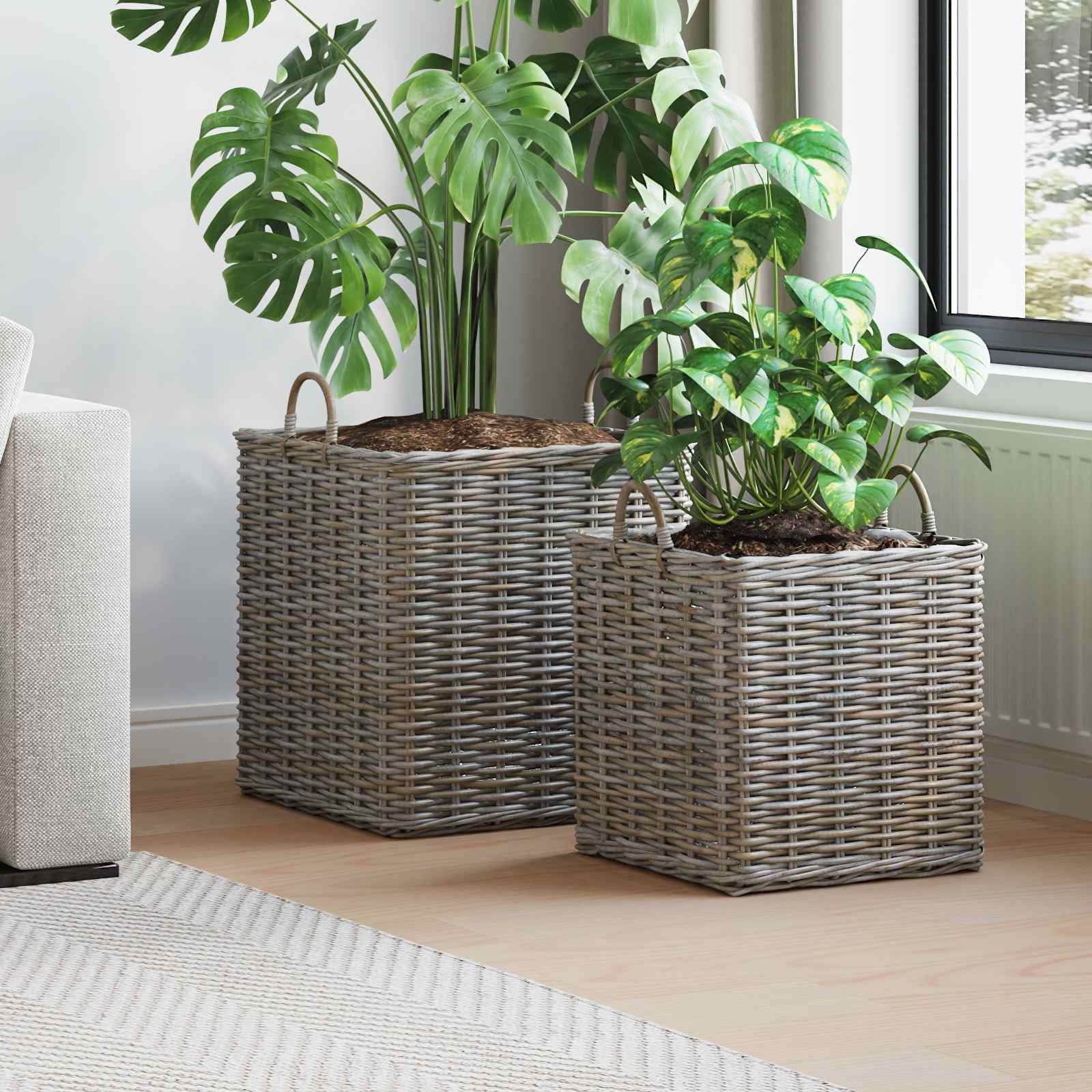 vidaXL Blomsterkurv med opbevaring 2 pcs Grå Lacak Rattan vidaXL Blomsterkurv med opbevaring 2 pcs Grå Lacak Rattan