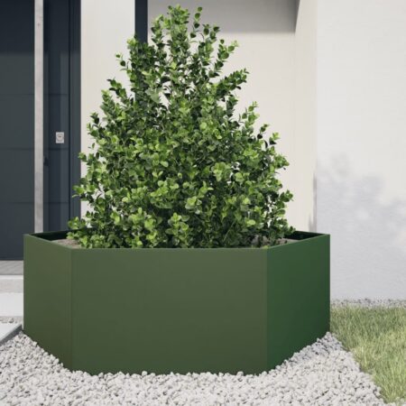 vidaXL plantekasse 138x120x45 cm sekskantet stål olivengrøn